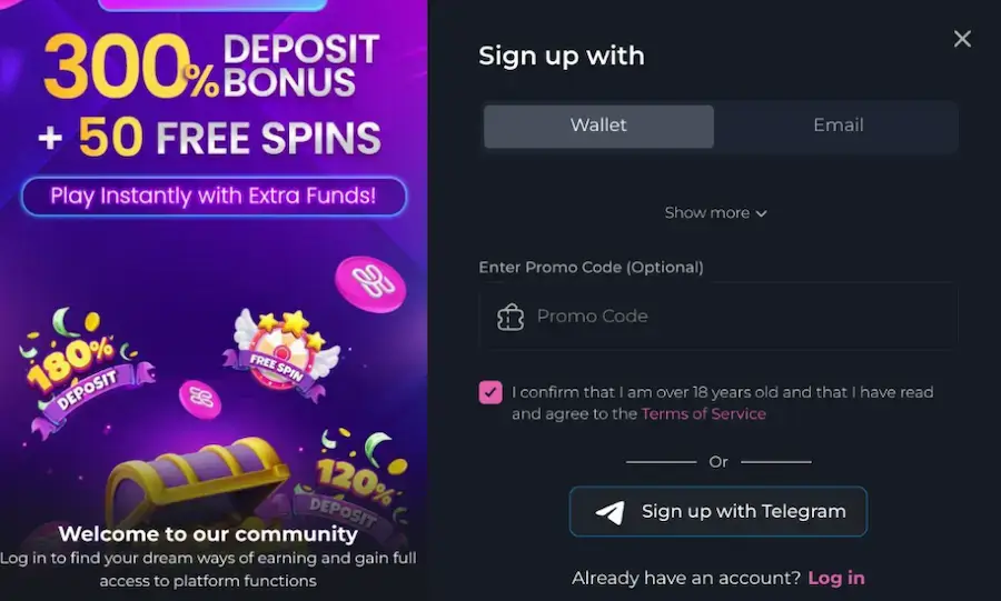 Registration at HunnyPlay casino.