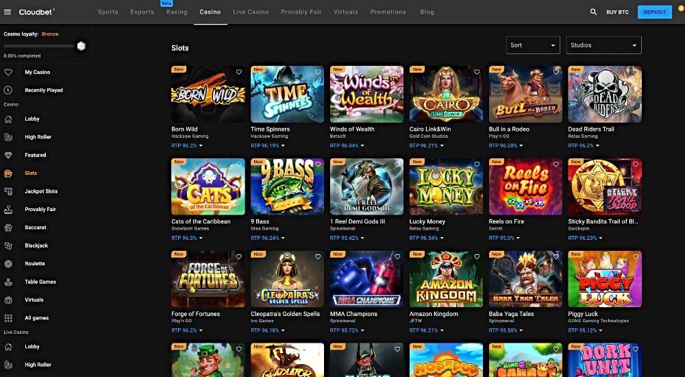 Screenshot showing some of the slot games available at Cloudbet