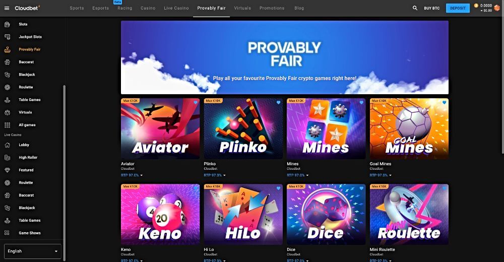 Screenshot showing some of the provably fair blockchain-based games at Cloudbet