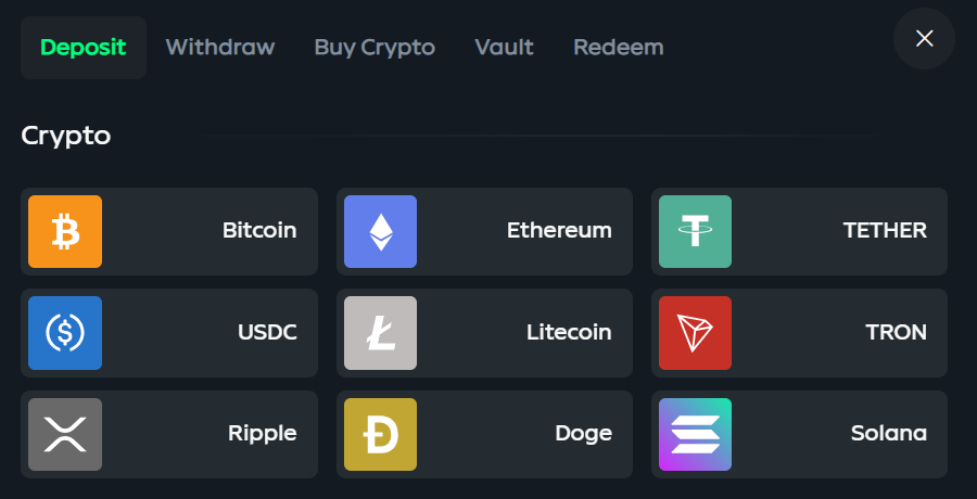 Screenshot of List of Cryptocurrencies Supported at Gamdom Casino