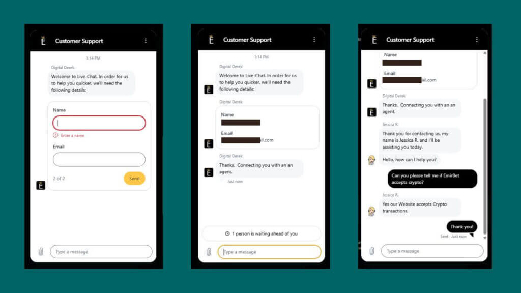 A screenshot showing our experience with EmirBet's live chat support