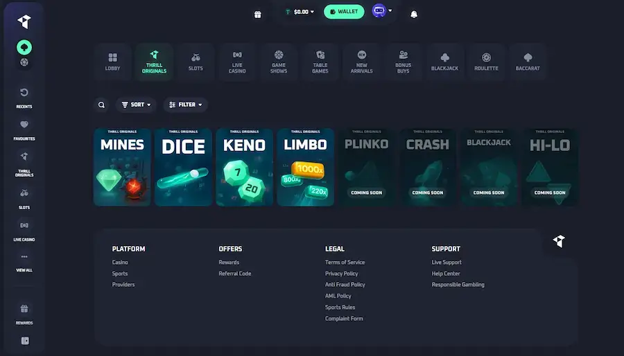 Exclusives games at Thrill Casino.