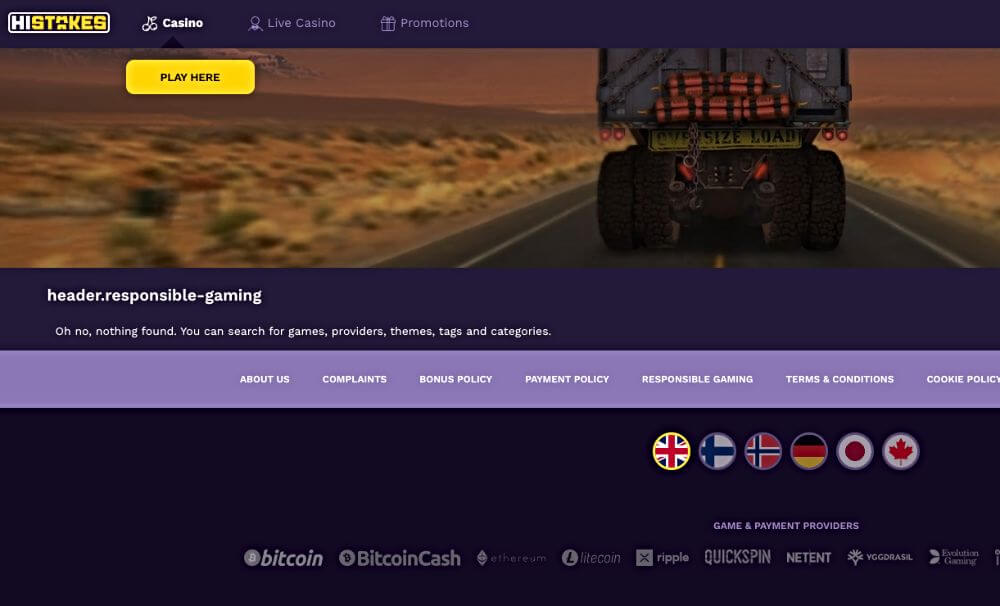 Screenshot showing empty Responsible Gaming page at HiStakes crypto casino.