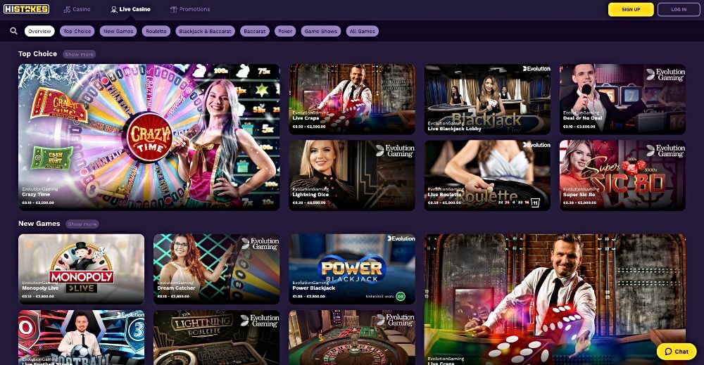 Screenshot showing some of the live casino games and game shows, from Evolution, available at HiStakes crytpo casino.