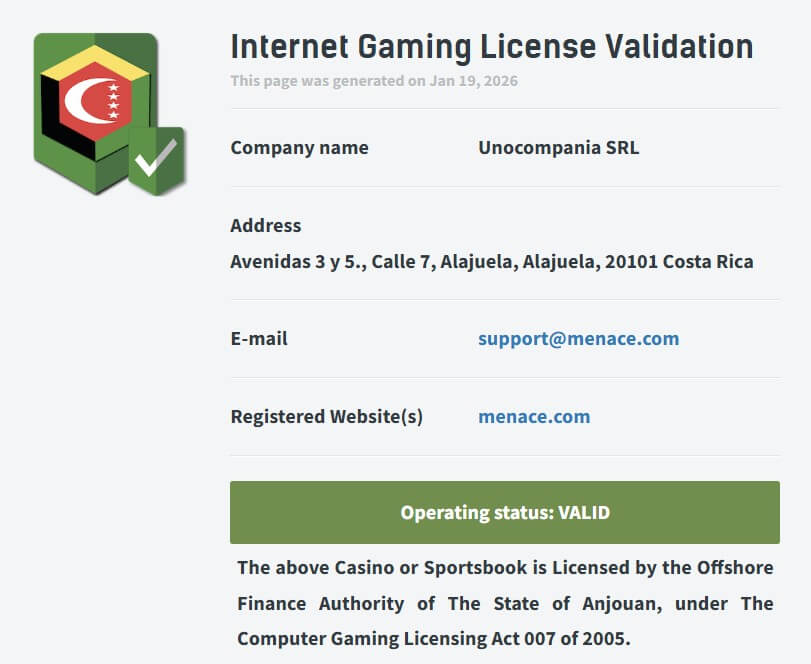 Menace casino license