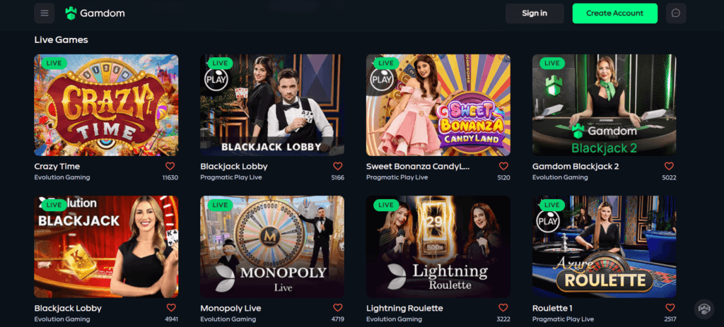 A screenshot highlight Gamdom's live casino games