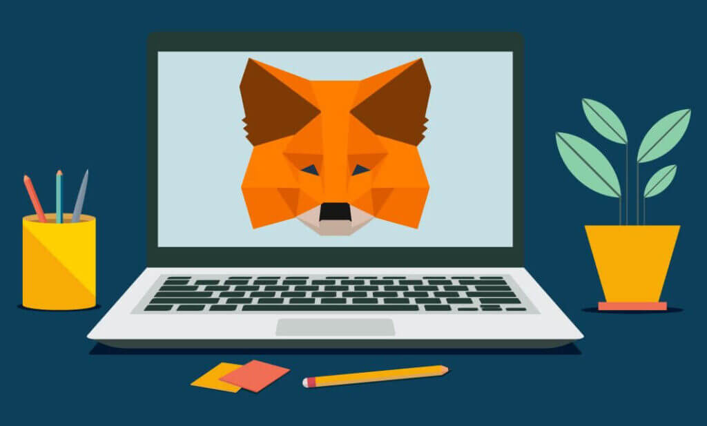 Laptop with MetaMask wallet logo on screen