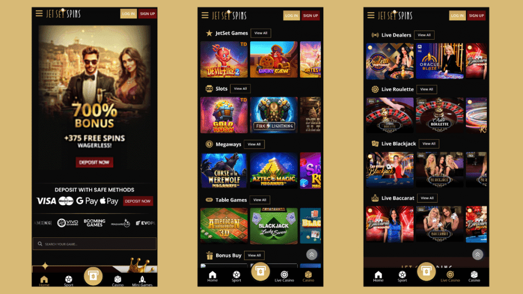 Jetset Spins mobile interface