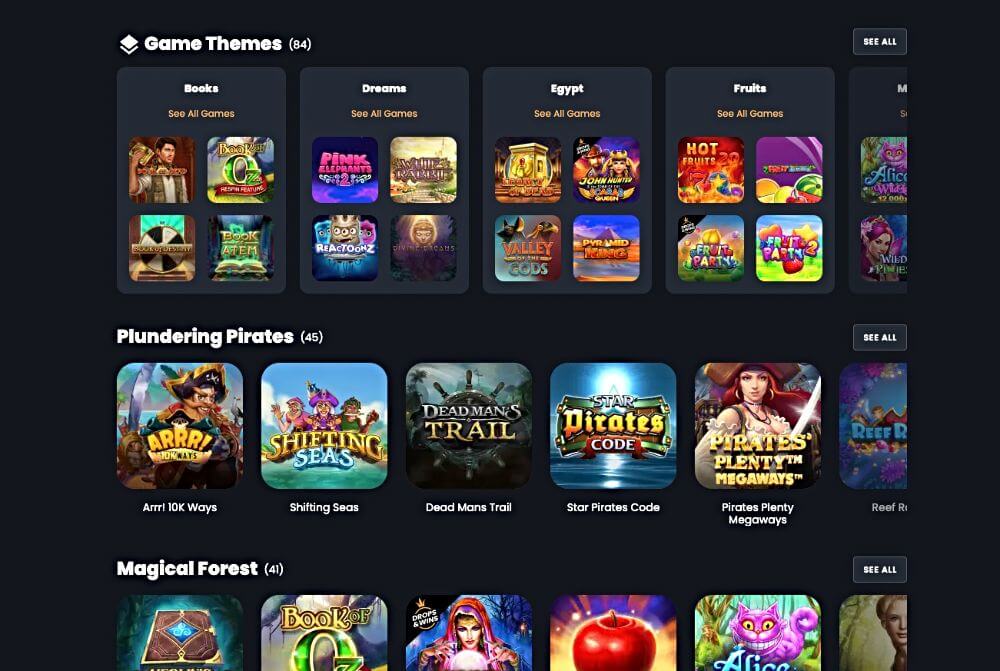 Screenshot of browsing slot games by theme, at Pirateplay.com online crypto casino.