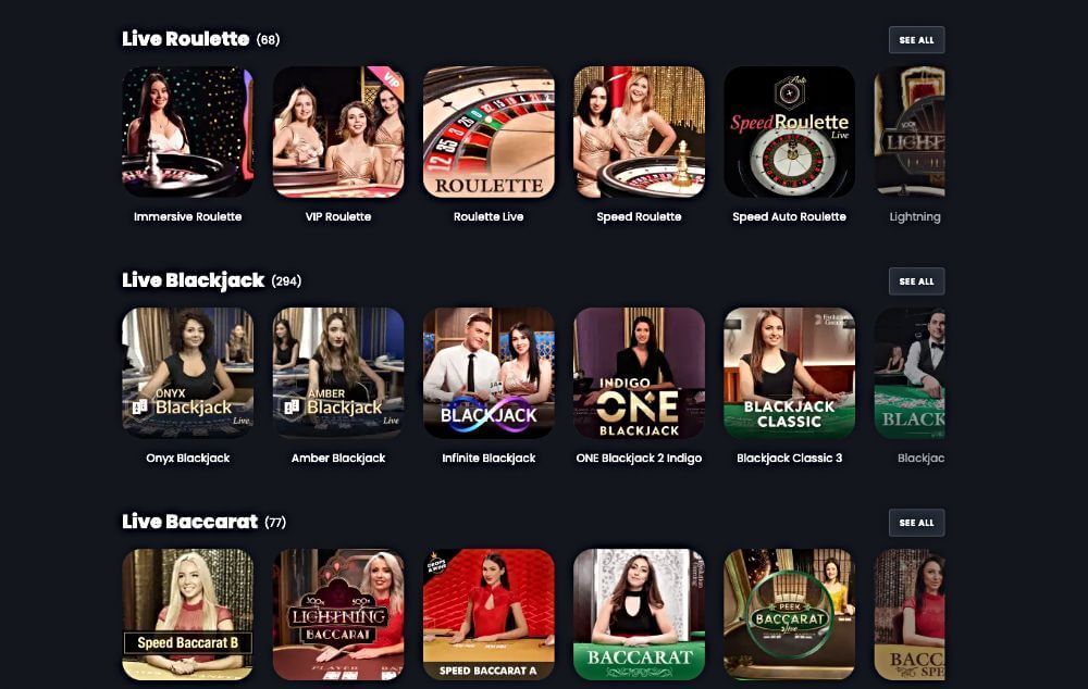 A screenshot showing a selection of the live dealer casino games available at Pirateplay crypto casino.