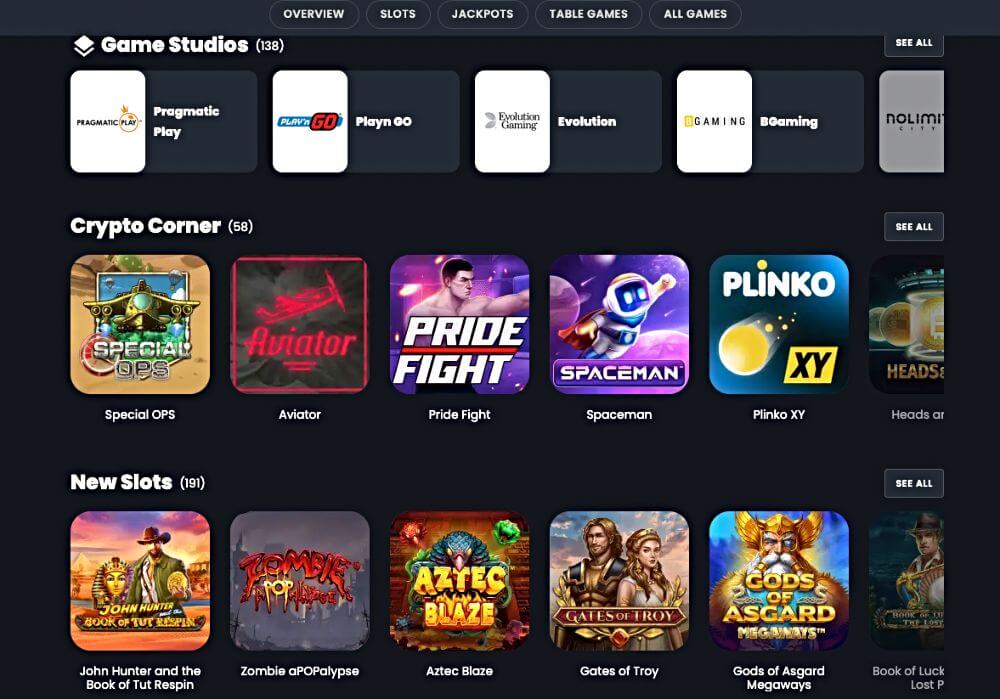 A screenshot showing some of the provably fair games and slots available at Pirateplay crypto casino.
