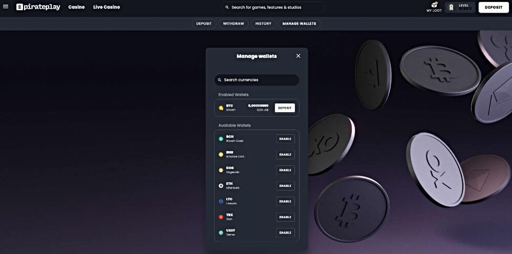 Screenshot of the cryptocurrency wallets selection screen at Pirateplay.com