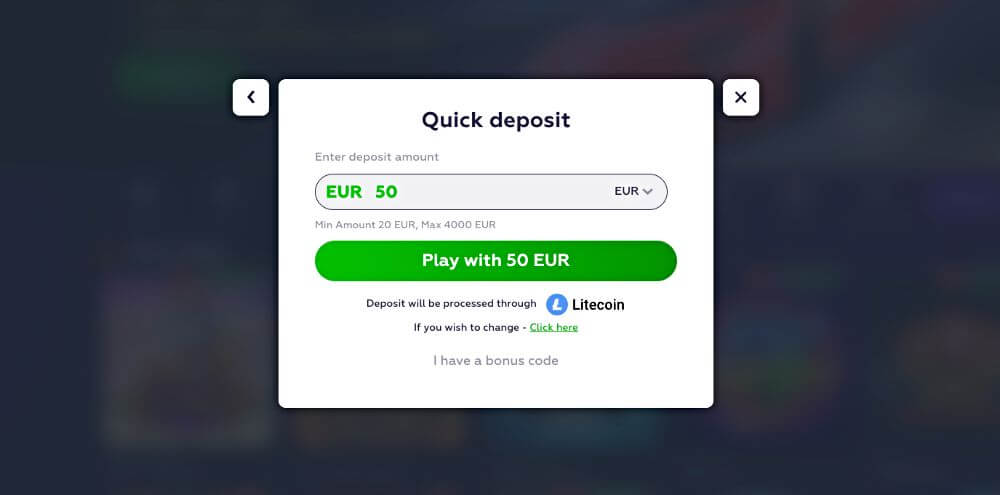Playfina crypto casino deposit screen