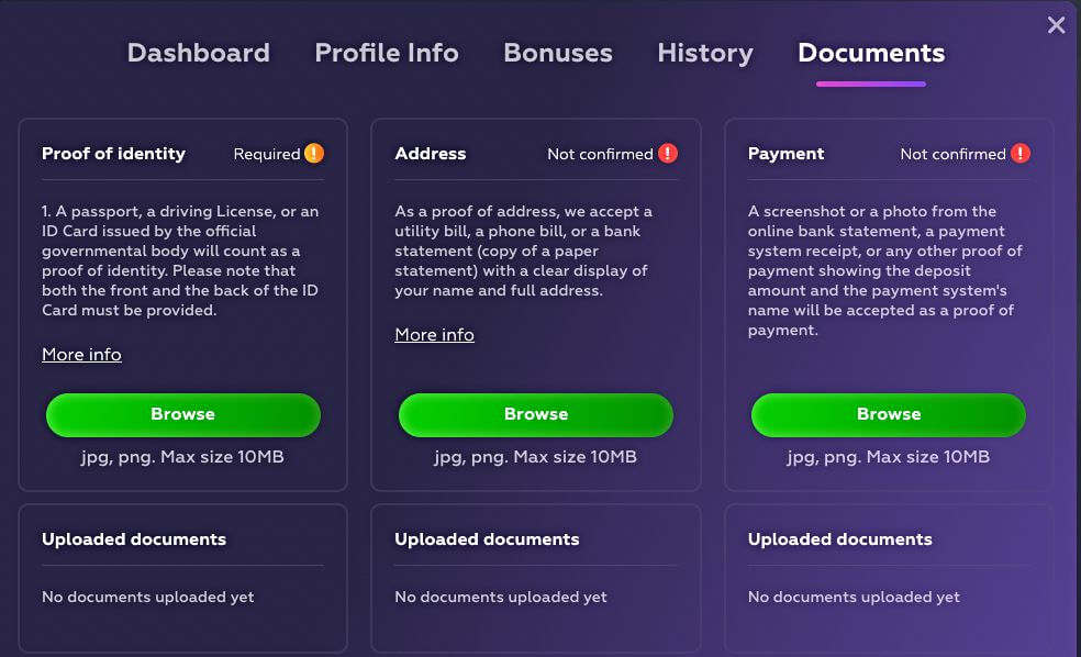 Playfina proof of identity, address, and payment verification screen