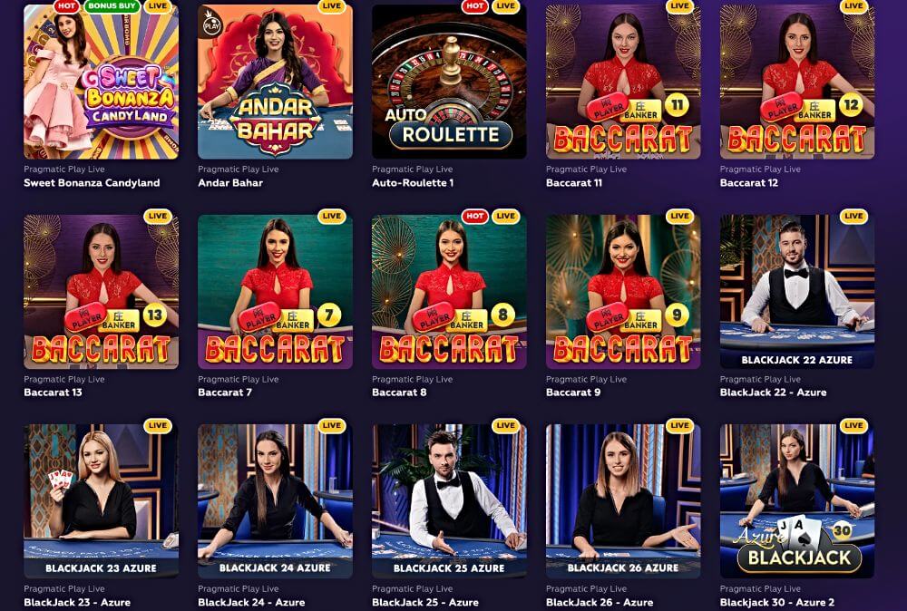 A selection of live dealer casino games available at Playfina crypto casino.