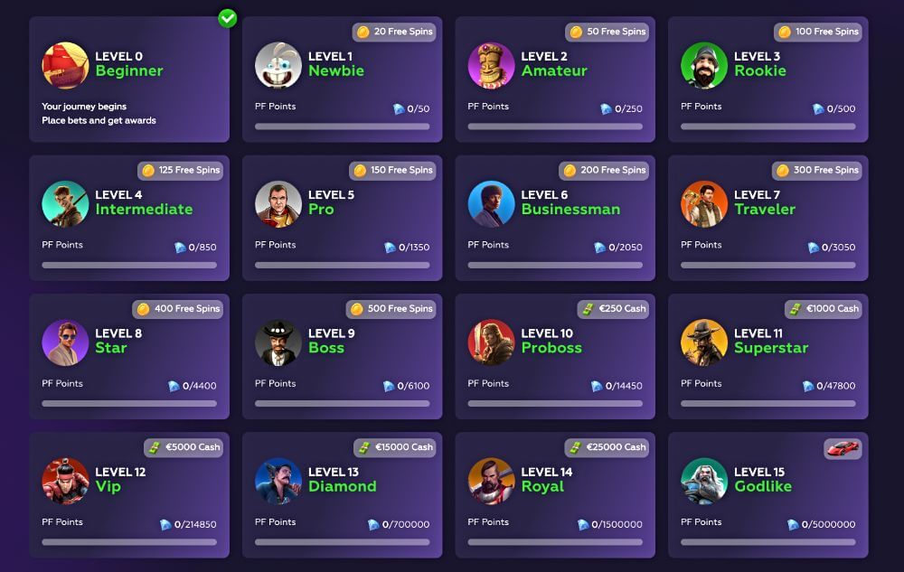 Playfina crypto casino's complex 15-tier VIP program.