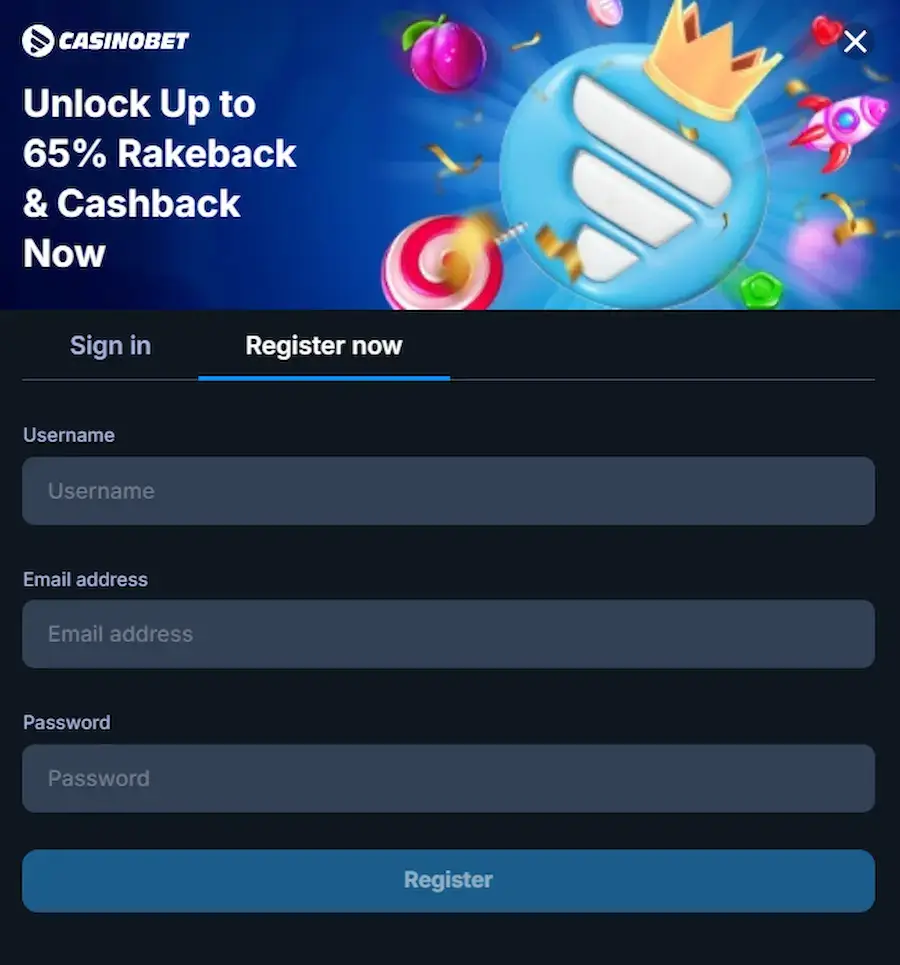Registration at Casinobet Casino.