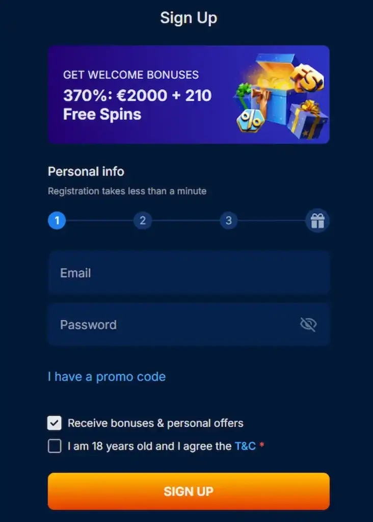 Registration at Only Win Casino.