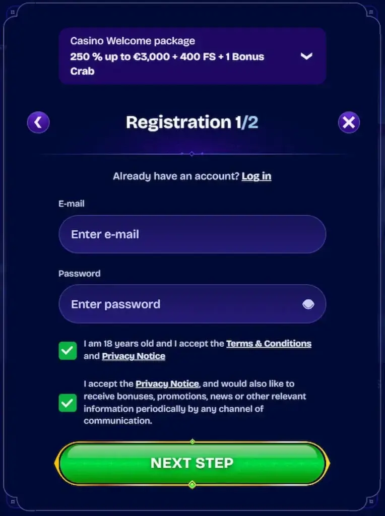 Registration at WishWin.