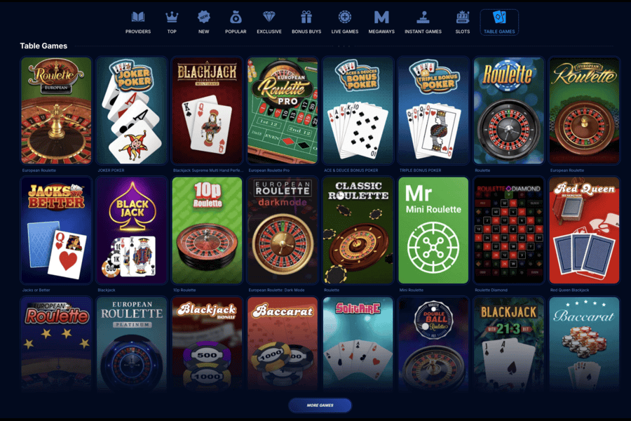 Table games at 0Xbet casino