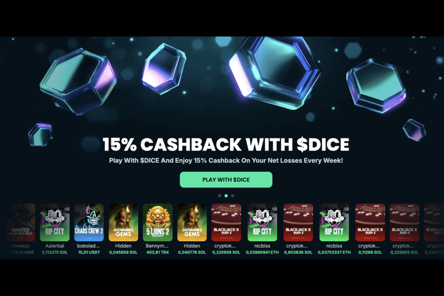 cashback bonus at mega dice casino for playing with $DICE