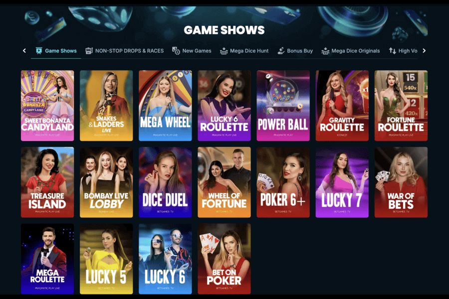 Game shows available at Mega Dice