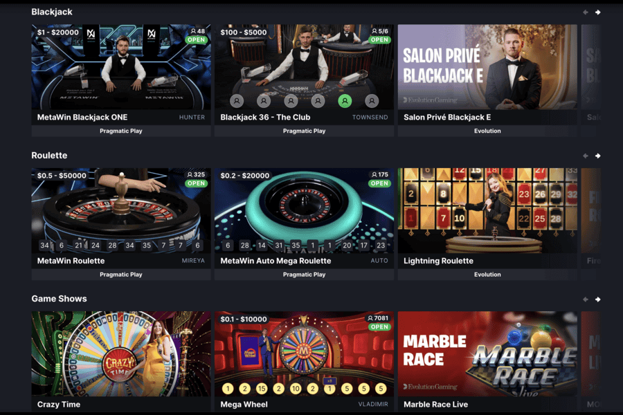Live casino games featured at MetaWin casino review