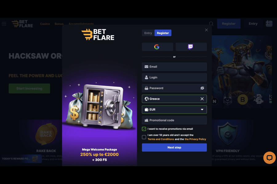 Registration process during Betflare casino review