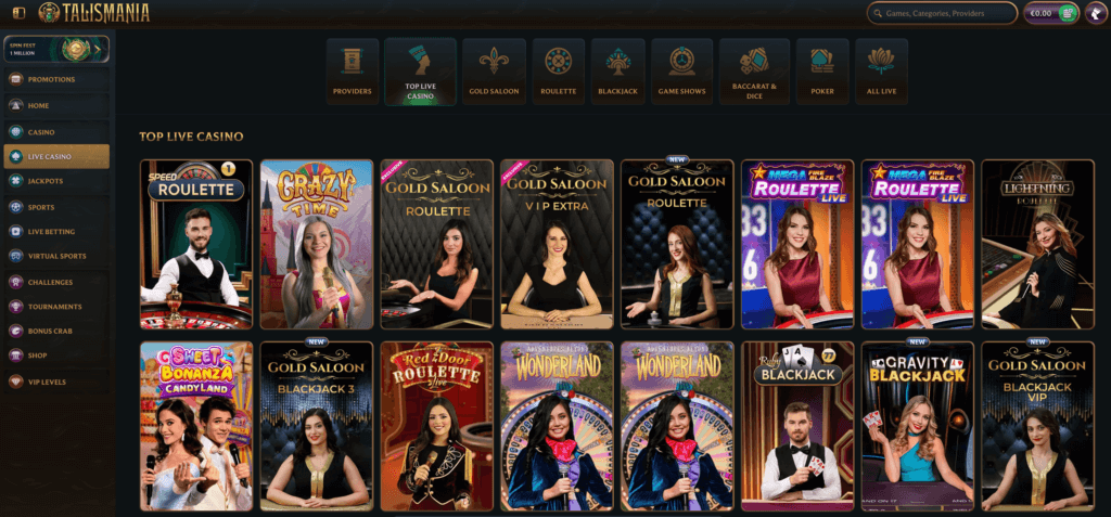 Live casino games featured at Talismania casino