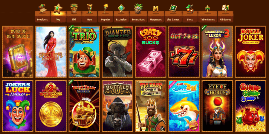 Popular casino games listed at Tiki Casino review