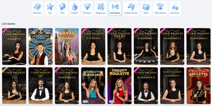 Live casino games listed at Beteum Casino