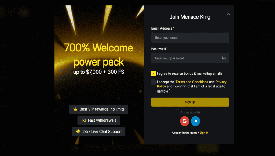 Registration process explained at MenaceKing casino review