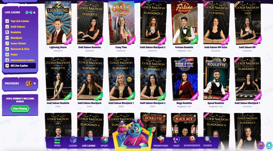 Live casino games listed at Casombie Casino