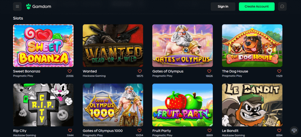 A screenshot showcasing Gamdom's slot collection