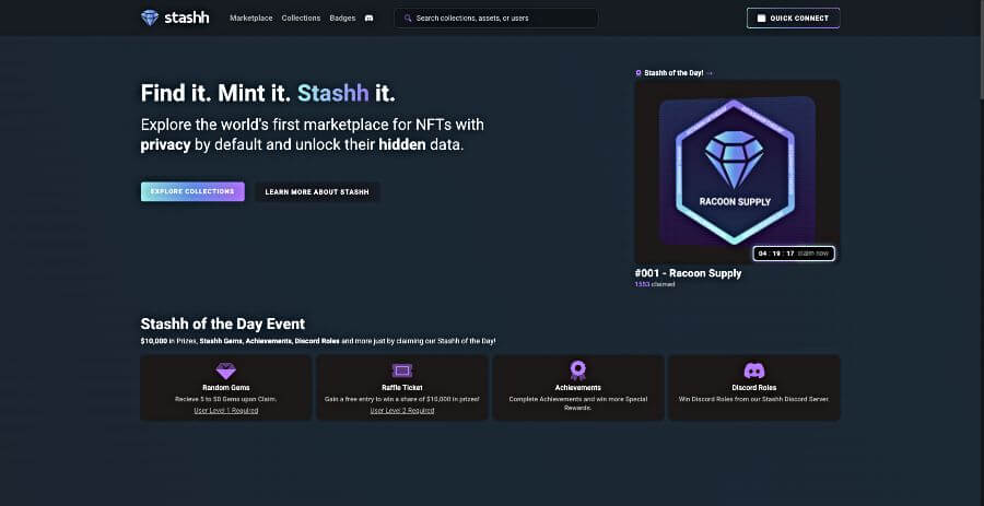Screenshot of the Stashh NFT marketplace homepage