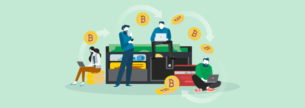 Illustration of people using cryptocurrency wallets