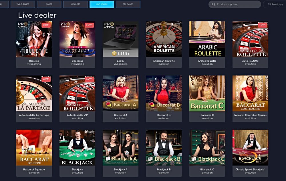 Screenshot showing some of the live casino games available at Wild Tornado crypto casino.