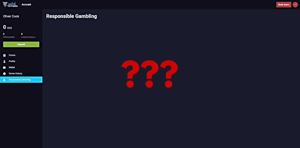 Screenshot of the missing responsible gambling tools at Wild Tornado crypto casino
