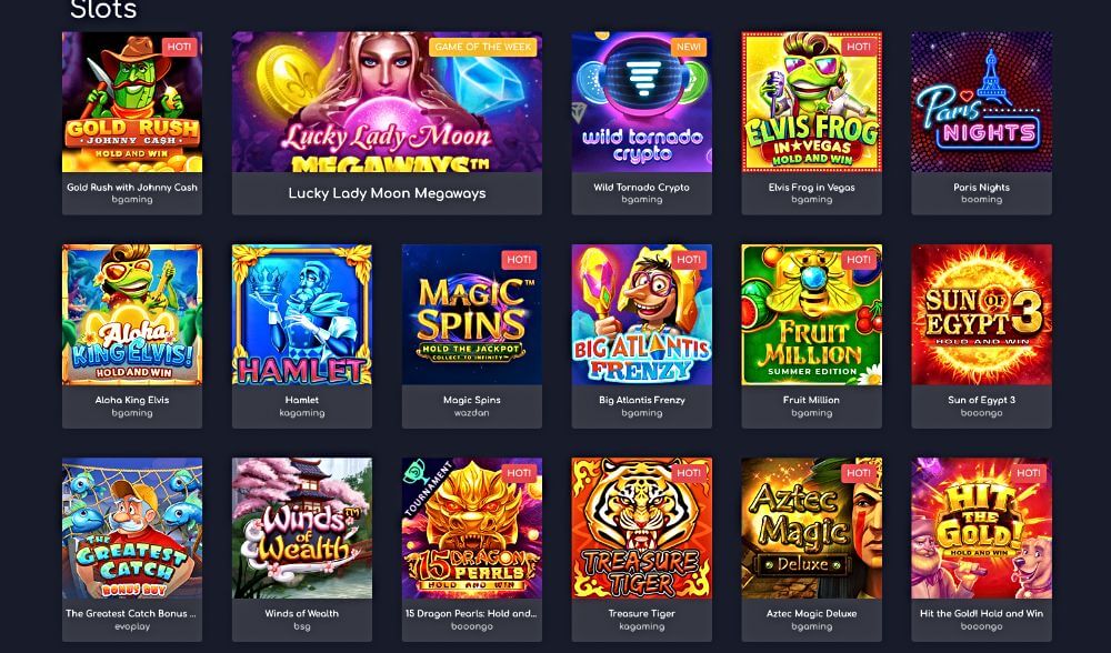 Screenshot showing some of the slot games available at Wild Tornado crypto casino.
