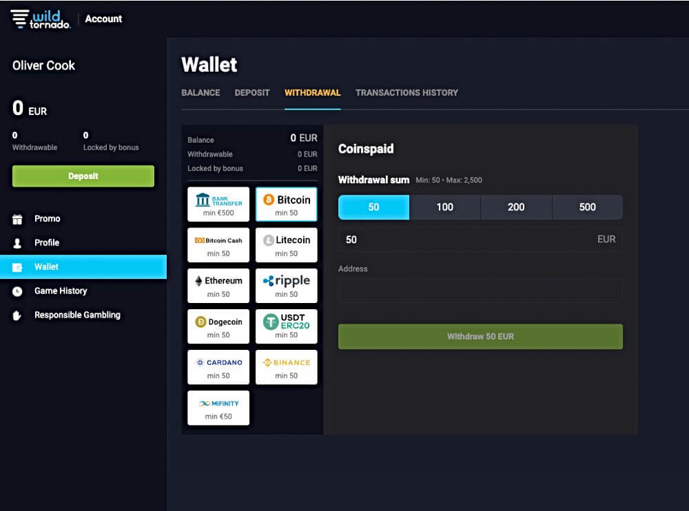 Screenshot of Wild Tornado crypto casino wallet