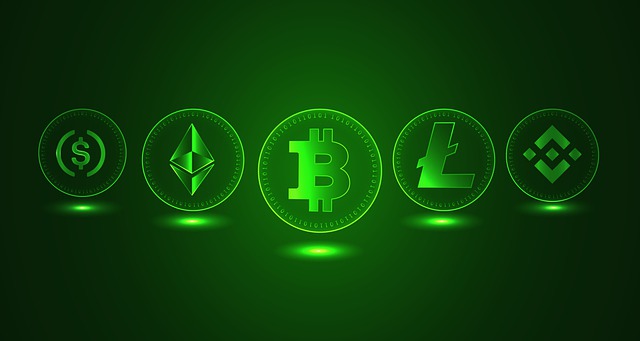 Cryptocurrencies, including USDC, ETH, BTC, LTC and BNB, represented by green coins.
