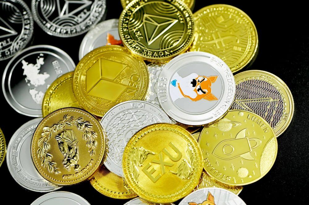 Various cryptocurrencies represented as coins.