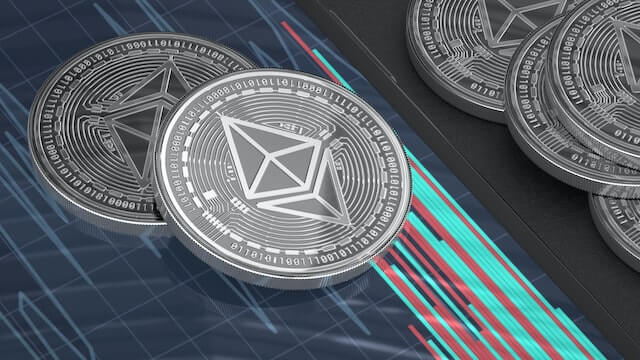 Ethereum cryptocurrency represented by physical coins.