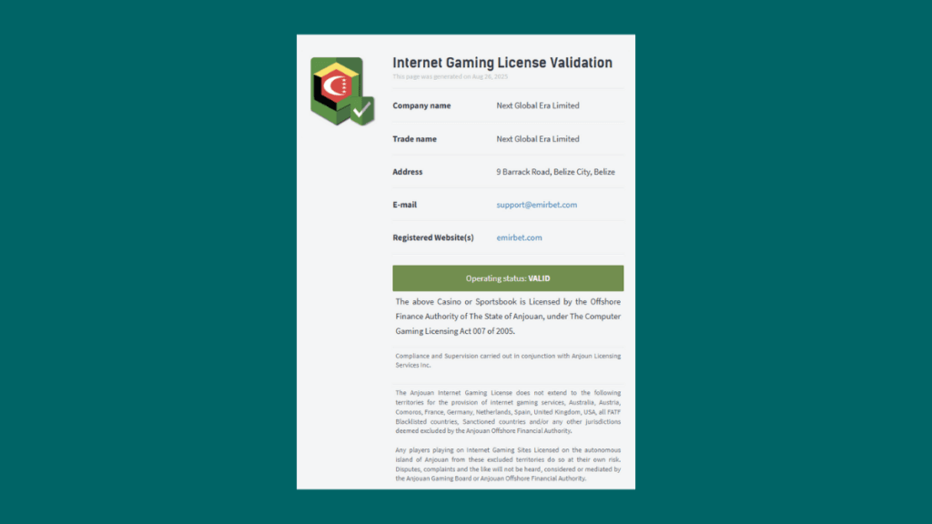 A screenshot showing Emirbet's license