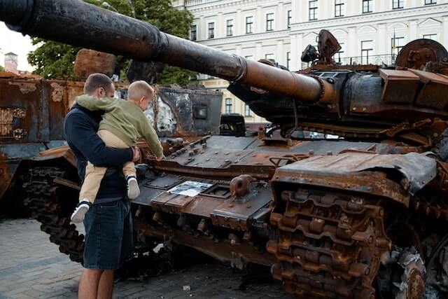 Burnt out and captured Russian T-72 main battle tank, on display in central Kiev, Ukraine.