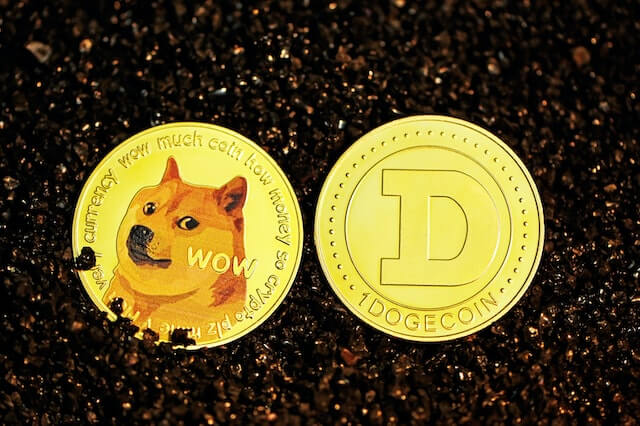 Dogecoin (DOGE) crypto, represented by physical coins.