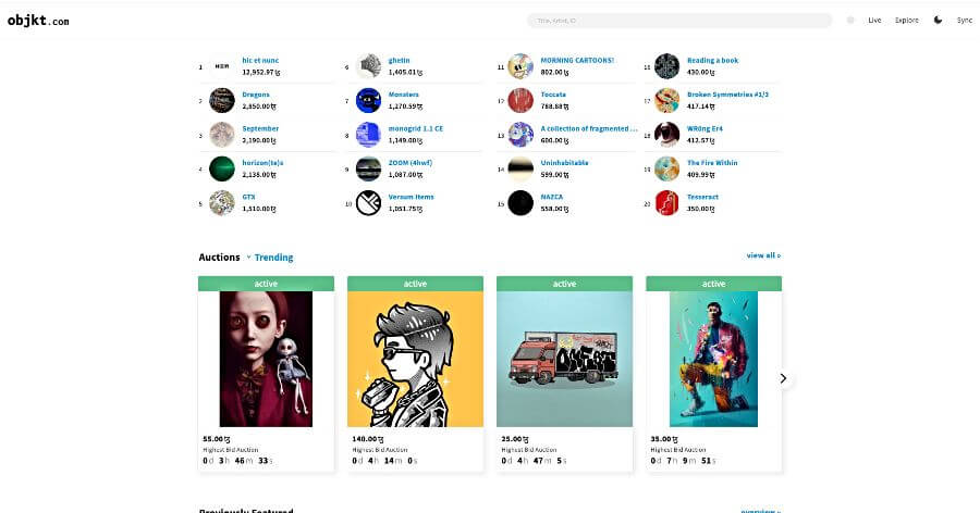 Screenshot of Objkt.com NFT marketplace. 