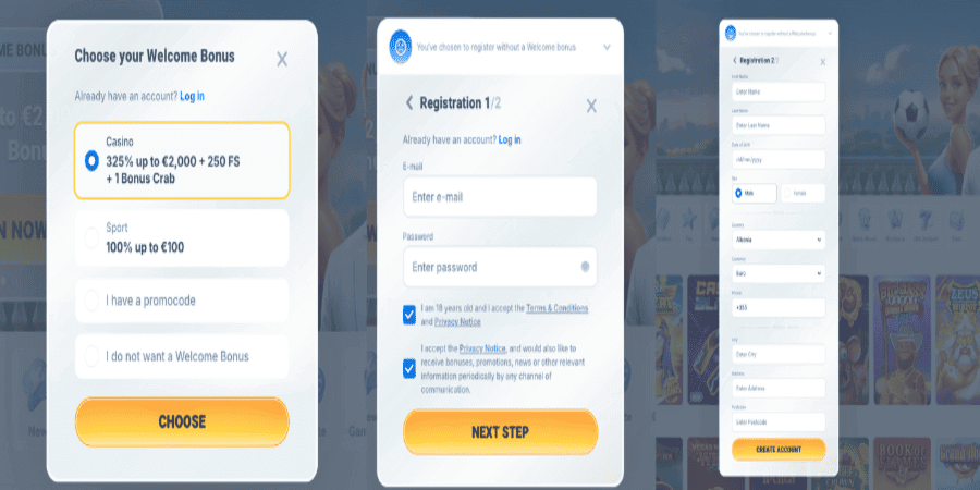 Registration process shown at Beteum Casino Review.