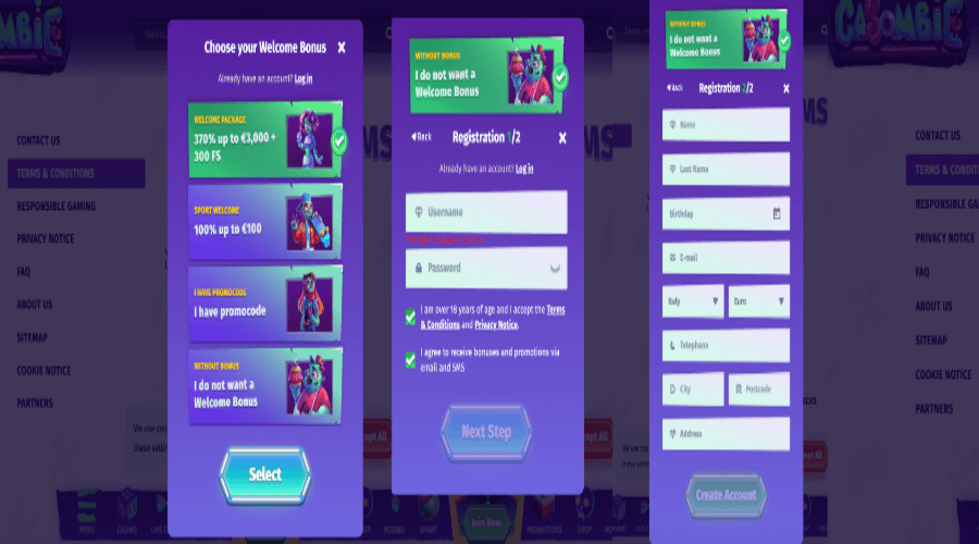 Registration process explained at Casombie casino review