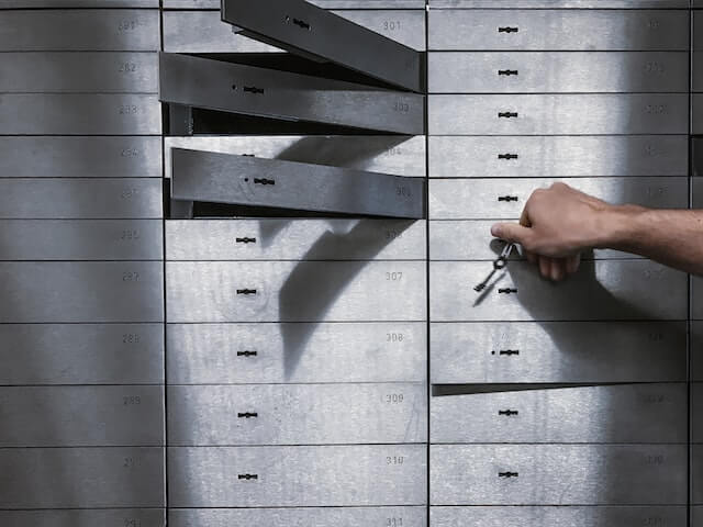 Safety deposit boxes in a bank vault